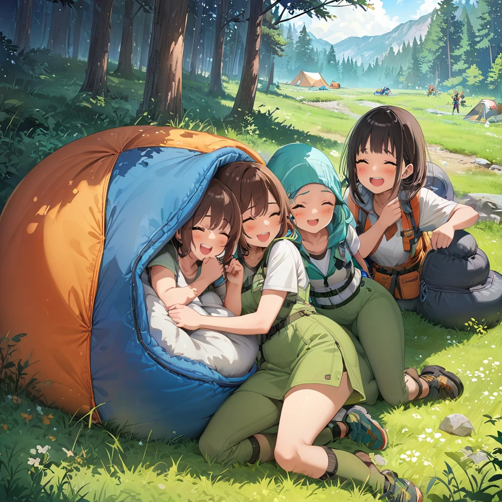 highest quality, masterpiece, Ultra-high definition portraits, Highly detailed background, anime character, A lively camp scene, Group of 3, Earth-toned camping gear, Laughing, (Sleeping bag, enter, wear), Forest groves and grassland, Girl rolling on the grass, Girls playing on the grass