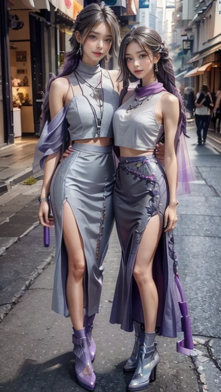 highest quality, Very detailed, masterpiece,hug,Two women hugging each other,(((Perfect female body))),Very beautiful face, Very beautiful body,Gentle expression, Very beautiful eyes,(Perfect Makeup:1.1),Fashion Model,Cyberpunk Fashion,Curly Hair,Shaggy Hair, (Drifting in the Wind,Gray and purple gradient very long braided hair: 1.5), very thin body,Smart Abs,((Monogram pattern:1.3)),Various gradations,Translucent cape,Vinyl tank top,Blue long leg pencil skirt,Mr.々LED light,Two-tone high-top tech boots,A kind smile,Full body portrait,(Cyber City:1.3), (Shiny skin),(Earrings),Elegant scarves,See-through long shawl,Liquid Metal,Pink and blue gradient smoke:1.3,