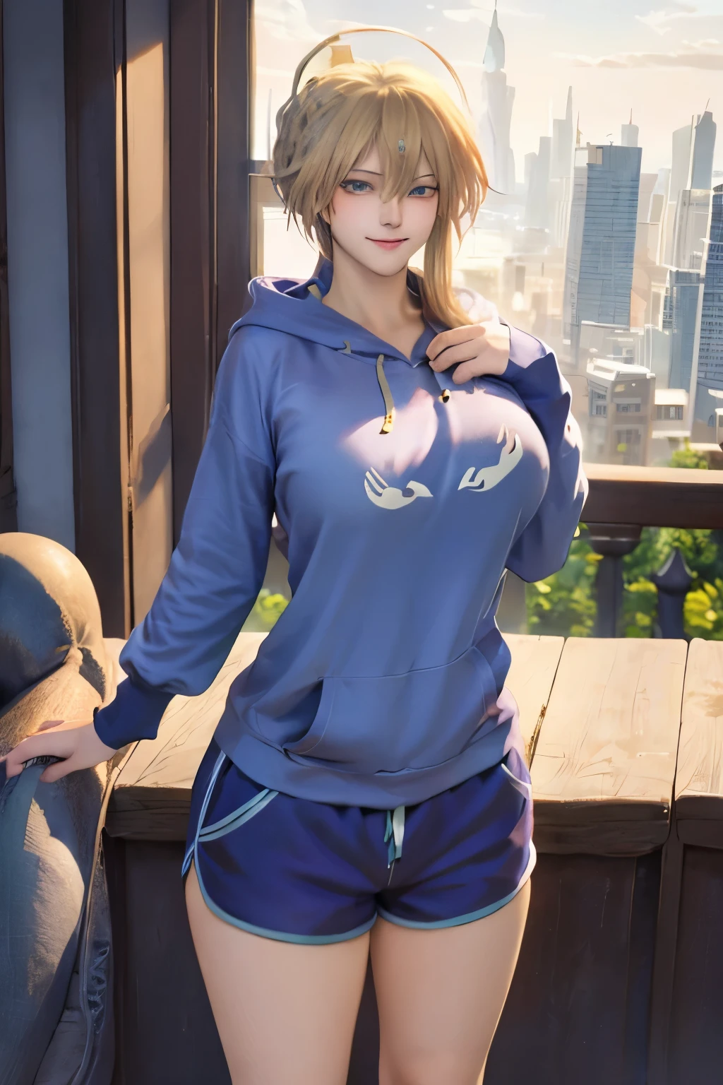 masterpiece, highest quality, Artoria Lancer, Braiding, Huge breasts, Purple hoodie, Are standing, null, Cityscape,, View Viewer, smile,dolphin shorts,((Instant defeat)),((pussy juice))