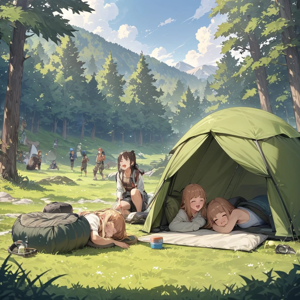 highest quality, masterpiece, Ultra-high definition portraits, Highly detailed background, anime character, A lively camp scene, Group of 3, Earth-toned camping gear, Laughing, (Sleeping bag, enter, wear), Forest groves and grassland, Girl rolling on the grass, Girls playing on the grass