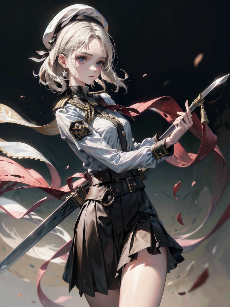 whole body, beret, skirt, military uniform, equip a sword, A beautiful night landscape, absurdres, RAW photo, extremely delicate and beautiful, masterpiece, Best Quality, ultra high resolution, 32k, hyperrealistic, ultra-detailed, perfect figure, perfect shape, detailed description, pale skin, 20 years old, detailed beautiful face and eyes, tearful mole, earring, short medium hair, wavy hair,