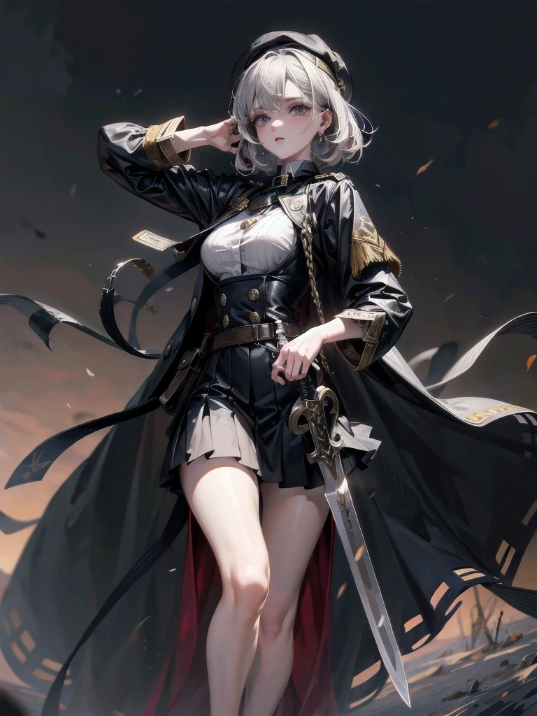 whole body, beret, skirt, military uniform, equip a sword, A beautiful night landscape, absurdres, RAW photo, extremely delicate and beautiful, masterpiece, Best Quality, ultra high resolution, 32k, hyperrealistic, ultra-detailed, perfect figure, perfect shape, detailed description, pale skin, 20 years old, detailed beautiful face and eyes, tearful mole, earring, short medium hair, wavy hair,