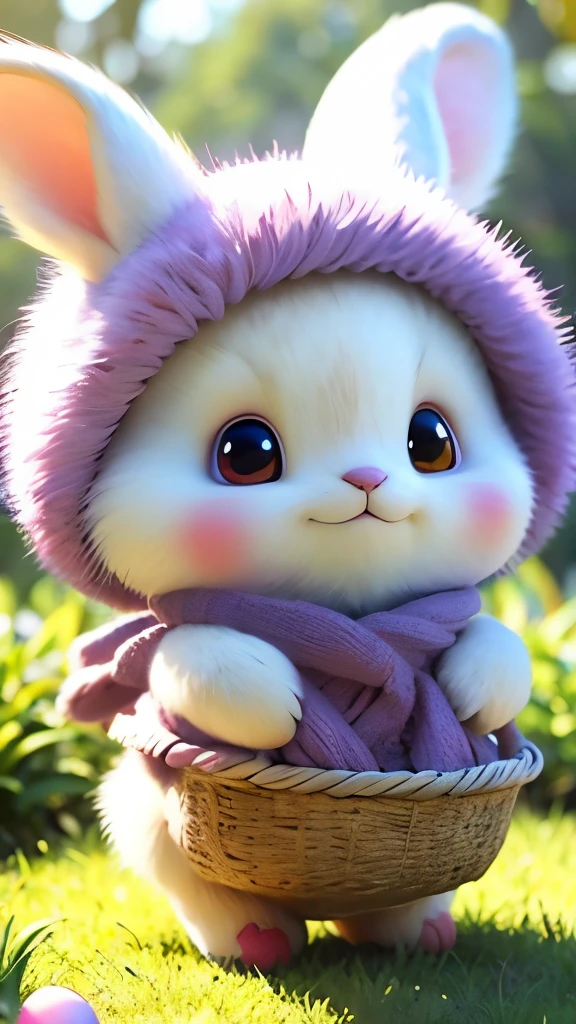 A rainbow-colored rabbit hops skillfully through the lush, verdant grassland, its paws clad in soft, fur-lined paws delicately clutching a basket filled with colorful eggs. With nimble grace and boundless agility, it digs small, intricate holes in the soft, well-watered earth, using its powerful hind legs to expertly conceal each precious egg in a secret, hidden nest. Its fluffy, rainbow-hued fur shimmers in the gentle sunlight, reflecting a spectrum of radiant colors, while its alert eyes dart cautiously around, scanning the surroundings for any potential threats. Huddled in the protective