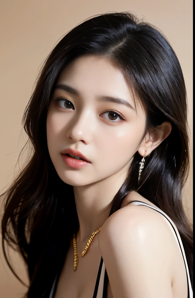 (masterpiece:1.3), (8 thousand, realistic, RAW photos, best quality: 1.4), (1 woman),(very sexy), (Beautiful makeover), (유난히 아름다운 realistic 얼굴), (Build a beautiful body) , (beautiful face), (beautiful face),  (long eyelashes),  (double eyelid), (realistic face), (black hair. parted, long hair:1.3), (아름다운 parted스타일), (realistic eyes), (really beautiful and delicate eyes), (beautiful and big breasts),(realistic skin), (beautiful skin), (absurd), (attractive), (ultra high resolution), (extremely realistic), (very detailed), (golden ratio),   (necklace),  (earring), (So beautiful and sexy)