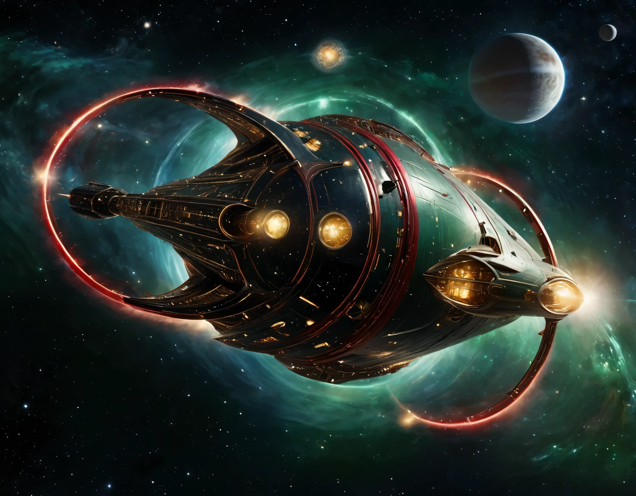 A sophisticated starship traveling through space, against a gradient backdrop from dark green to red, speckled with stars. The ship’s design boasts a circular front, a streamlined body, and nacelles, with intricate paneling and lights highlighting its advanced technology