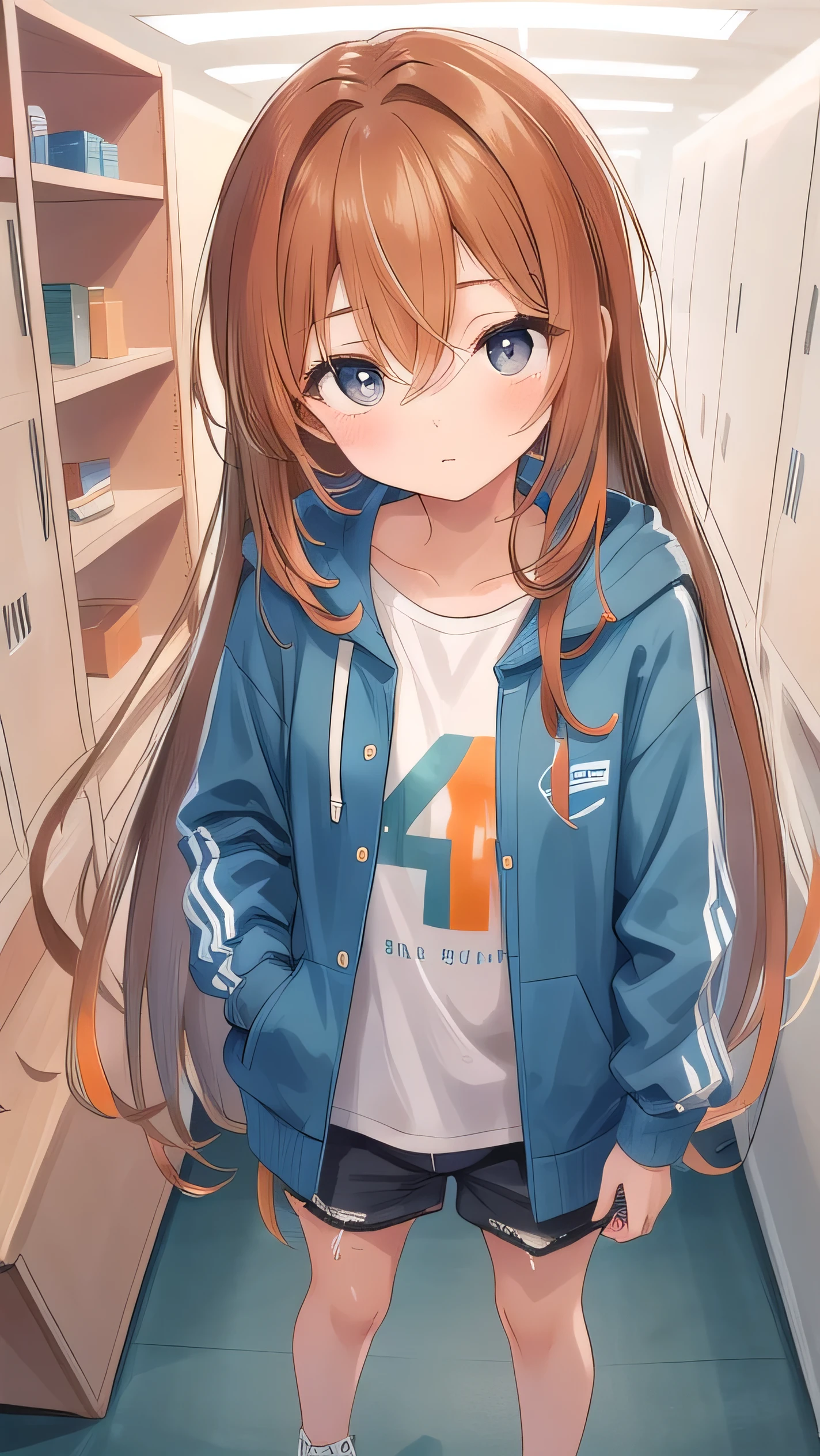 Girl, (Orange-brown hair:1.5), (black eyes:1.1), (big eyes: 1.1), (sagging eyes: 1.5), (very long hair:1.1), hair between eyes, cyan long-sleeved hoodie, white T-shirt, dark blue shorts, white sneakers, (flat chest), (straight hair), very short, only , droopy eyes, wearing a jacket, 11 years old, wearing a jacket, short height, young face , sleepy face, smooth straight hair, locker room,