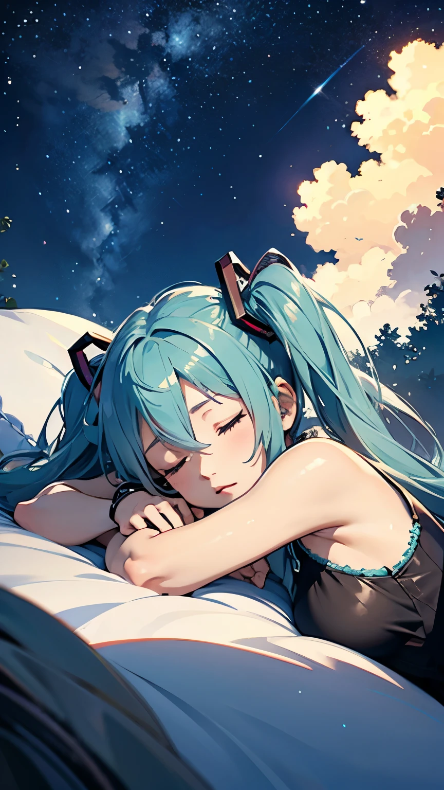 Hatsune Miku as a sleeping on a cloud、Starry Sky