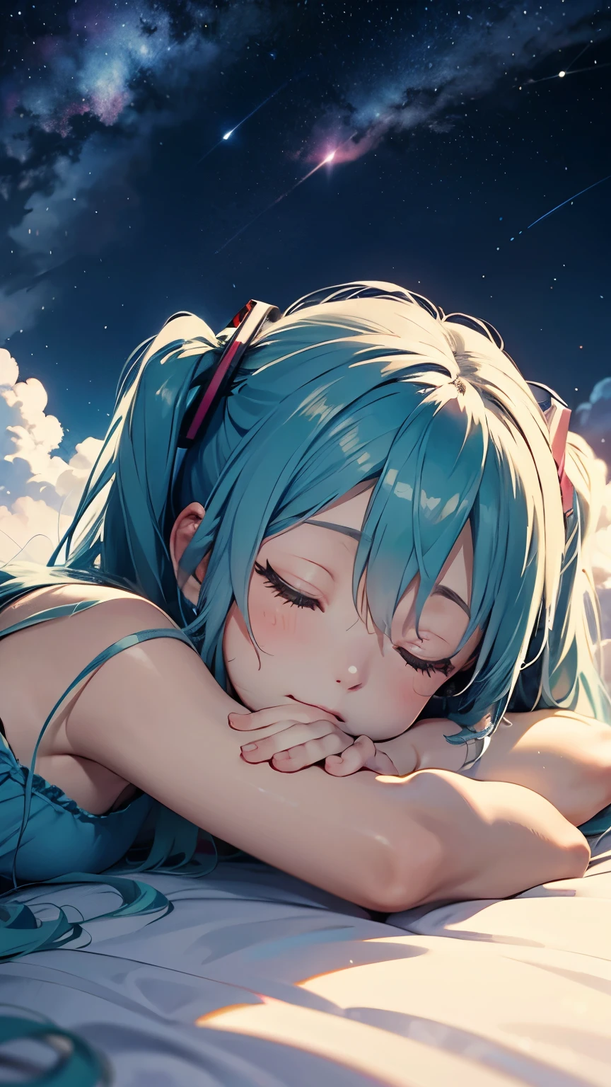 Hatsune Miku as a  sleeping on a cloud、Starry Sky