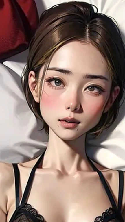 (Top quality masterpiece:1.2) Delicate illustrations, Very detailed, /Beautiful Japanese Women、1 person,Very cute and slim、Great style 、((8k images、super high quality))、Very delicate face, beautifule forehead、Bright red lipstick,(((((short hair、Light brown hair、Blonde Hair))))),very cute、Kind eyes,((((lingerie、Lie on your back in bed))))、Starry Sky、Tokyo night view