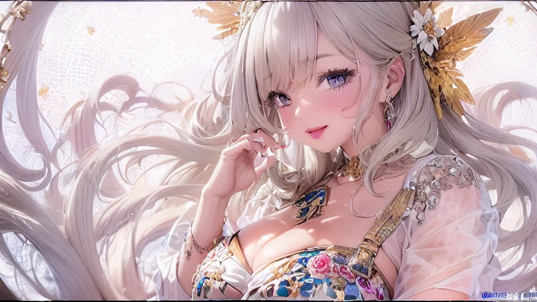 Mature Woman, Looking at the audience, Attractive breasts,Sensual curves、bubble、Full Body Shot,Nightgown, Charming smile, Thick lips, plump唇, blush, Looking at the audience, Provocative expression, Beautiful Hairstyles, Cleavage, plump、Curvy Hips、Attractive face、Mischievous face、Sexy Lingerie、An inviting gaze、Expressing emotions、colored feather, Money属装飾品, particle, Light, (masterpiece, highest quality, highest quality, Official Art, beautifully、aesthetic:1.2), (1 girl:1.3), Very detailed,(Fractal Art:1.1),(colorful:1.1)(flowerズ:1.3),Most detailed, (Dynamic pose), (Shiny skin), (Many colors :1.4), ,(Earrings:1.4), (feather:1.4),masterpiece,Mr.々Hair style,Moneyのヘッドバンド,Tulle covers the chest,Perfect balance, Detailed details of the garment,marble,cinematicLighting, Film Grain, contrast of Light and dark,High detail,(((Gorgeous Accessories))))、Openwork decoration,(((See-through dress)))、(((Anatomically correct body))) ,1 girl, (High resolution), (8k), (Very detailed), Perfect Face, Beautiful eyes and face, (((highest quality))), (Very detailed), Detailed face and eyes, Beautiful Eyes,(((Sexy pose))),Beautiful Eyes、Transparent double eyelids、(((Super gorgeous background)))、Bright Eyes,Money,diamond,gem,Body Chain,Luxury Accessories,beautifully、aesthetic,flower、(((Super gorgeous background)))、Bright Eyes