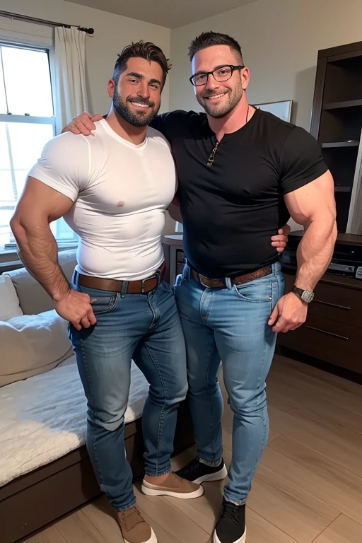 Award-winning original photos，2men, a 30 years old man and wild muscular man, 40 years old, short beards, burly, hunk, wearing shirts, smilling happily, glasses, detailed, lovely, full body, jeans