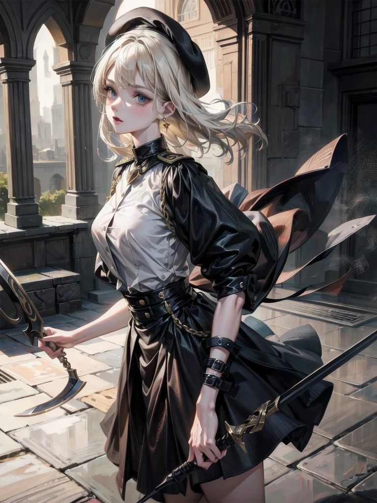 whole body, beret, skirt, military uniform, equip many swords, absurdres, RAW photo, extremely delicate and beautiful, masterpiece, Best Quality, ultra high resolution, 32k, hyperrealistic, ultra-detailed, perfect figure, perfect shape, detailed description, pale skin, 20 years old, detailed beautiful face and eyes, tearful mole, earring, short medium hair, wavy hair,