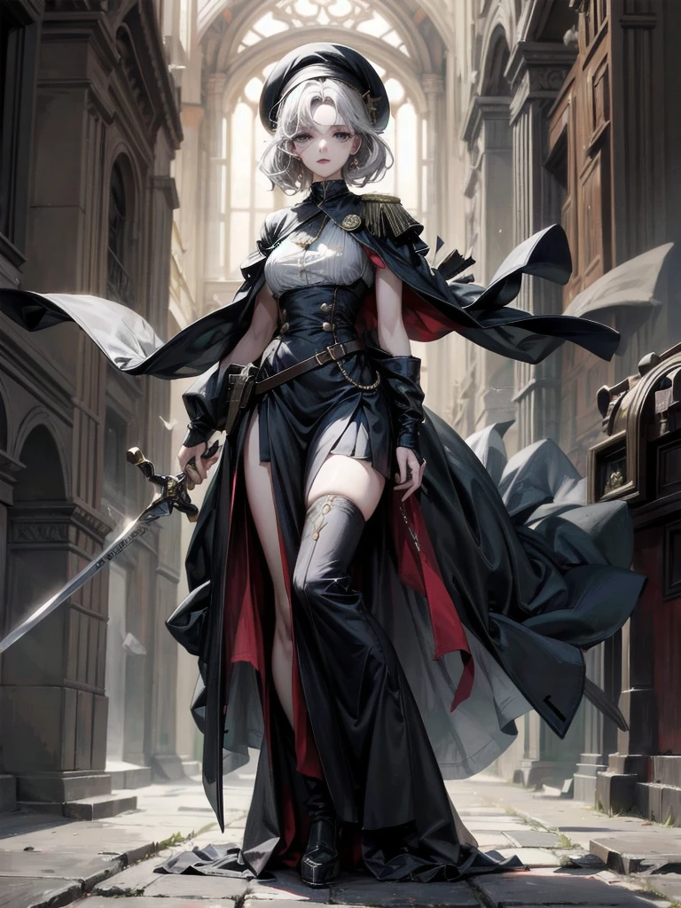 whole body, beret, skirt, military uniform, equip many swords, absurdres, RAW photo, extremely delicate and beautiful, masterpiece, Best Quality, ultra high resolution, 32k, hyperrealistic, ultra-detailed, perfect figure, perfect shape, detailed description, pale skin, 20 years old, detailed beautiful face and eyes, tearful mole, earring, short medium hair, wavy hair,