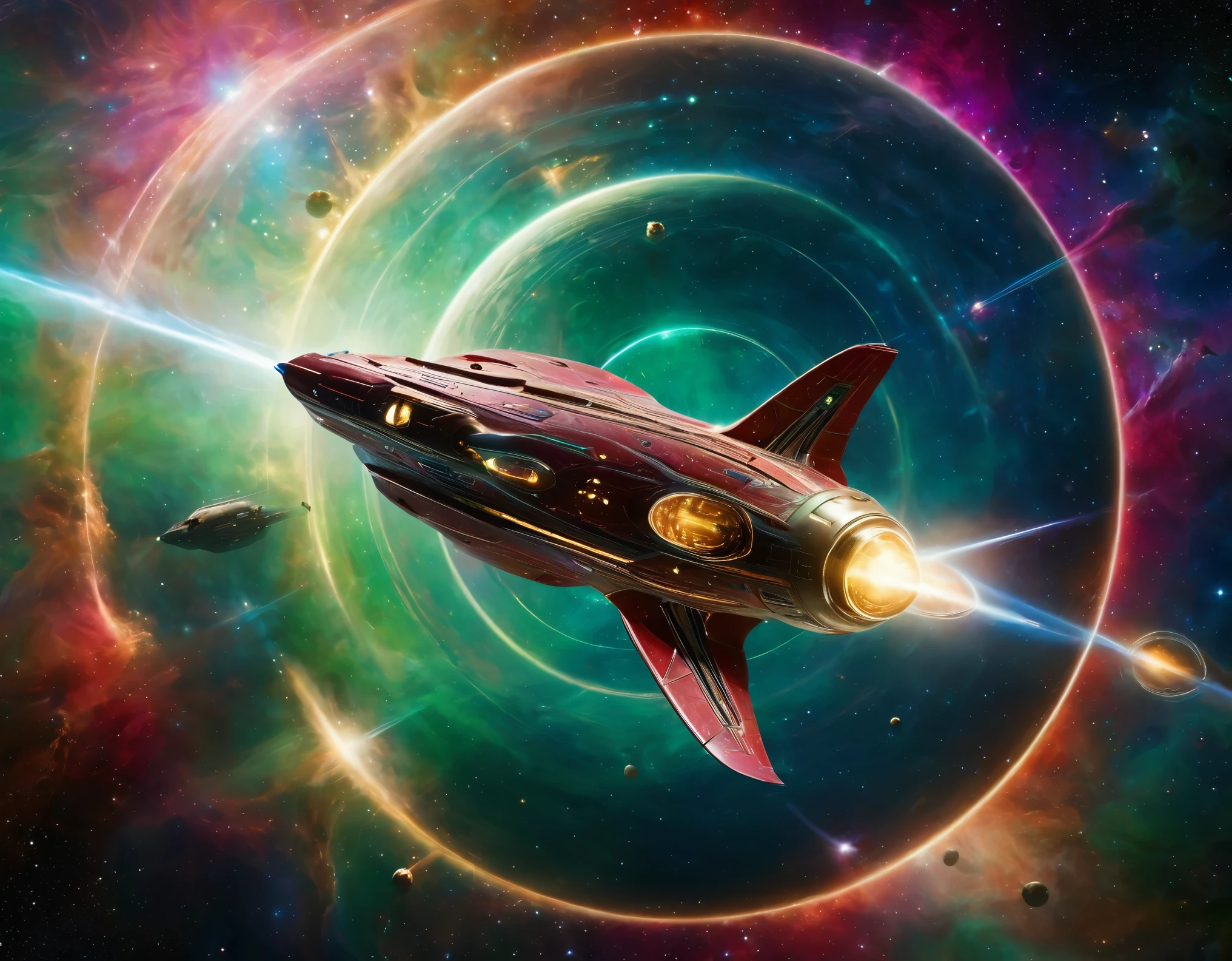 A high-tech starship soaring through a colorful space background, featuring a gradient from green to red with scattered stars. The starship has a circular saucer section, an elongated body, and nacelles, with detailed metallic surfaces and bright accent lights.