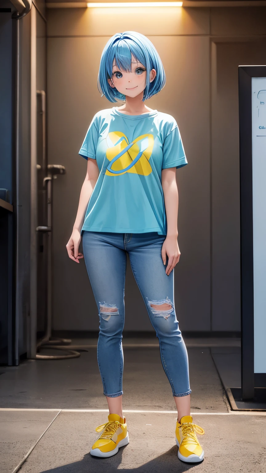 Full body, anime girl, standing, smile, looking at viewer, short light blue hair, Active and cheerful personality, blank background, blue jeans and yellow T shirt,