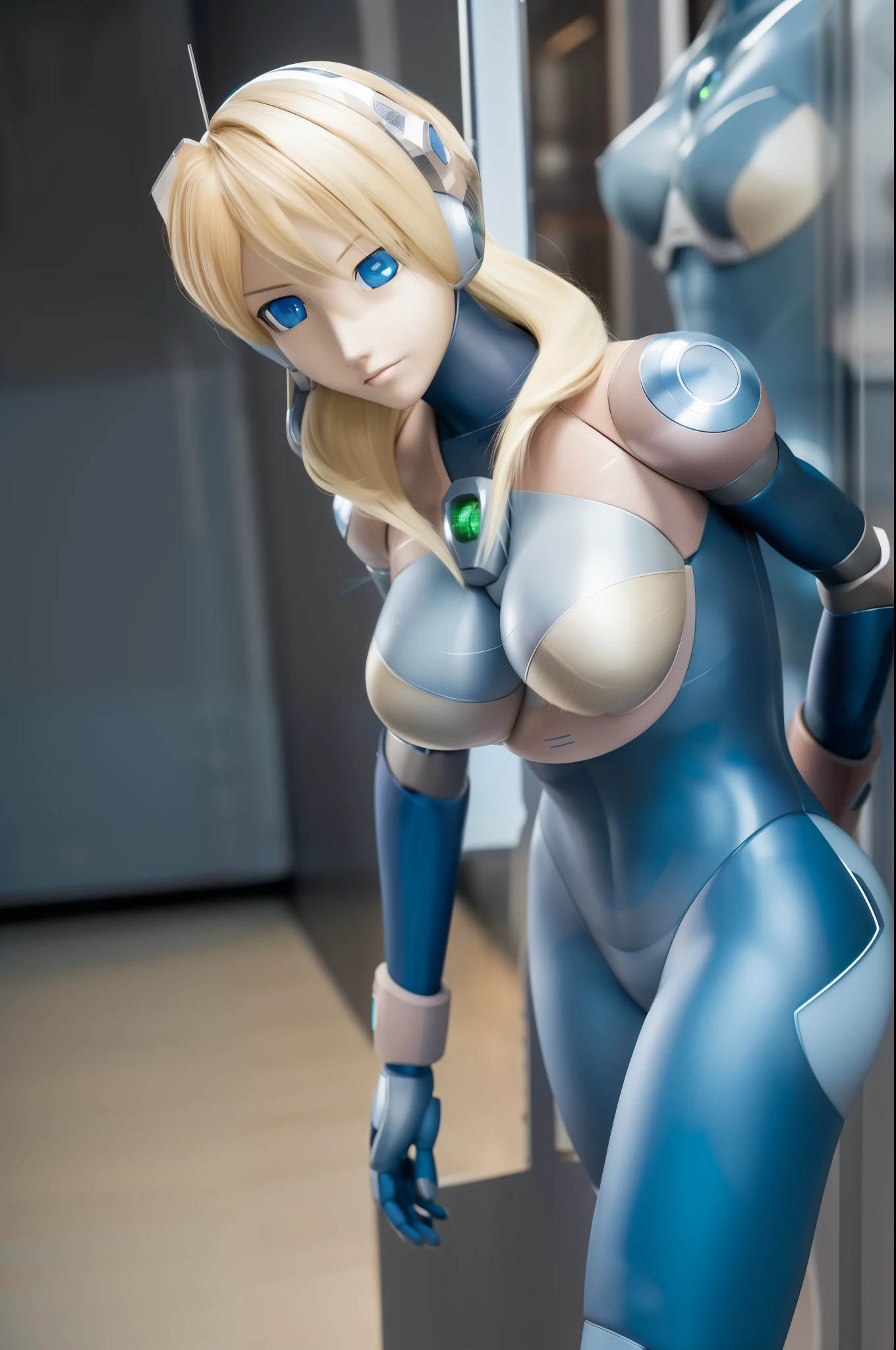 ultra detailed of a woman cyborg, 1girl, (natural skin texture, realistic eye details:1.2) rosalina, alone, breasts, blue eyes, blonde hair, Android, long hair, robot ears, stand at attention, cameltoe, display case, inside glass box, artwork, high quality, hypnotized, blank expression, mannequin, nsfw