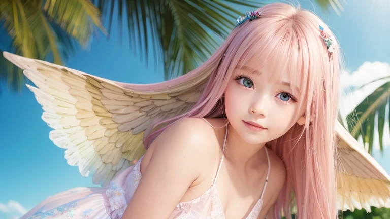 1angel,1 Fairy,２Girl,,2 people,Smile,smile,Magic wand,noon,summer,Tropical,Light of the sun,Light background,cute,Princess Dress,clear,happiness,Thick Coating,Angel Wings,Fairy Wings,Silky shiny hair,Glossy Skin,Long Hair,Fairyland,Soft light,rainbow,dream,hope,Pop Art,pastel colour,Sparkling Eyes,fine,Non-Adult,High resolution,Less exposed skin,light peach-colored hair,Thin eyebrows