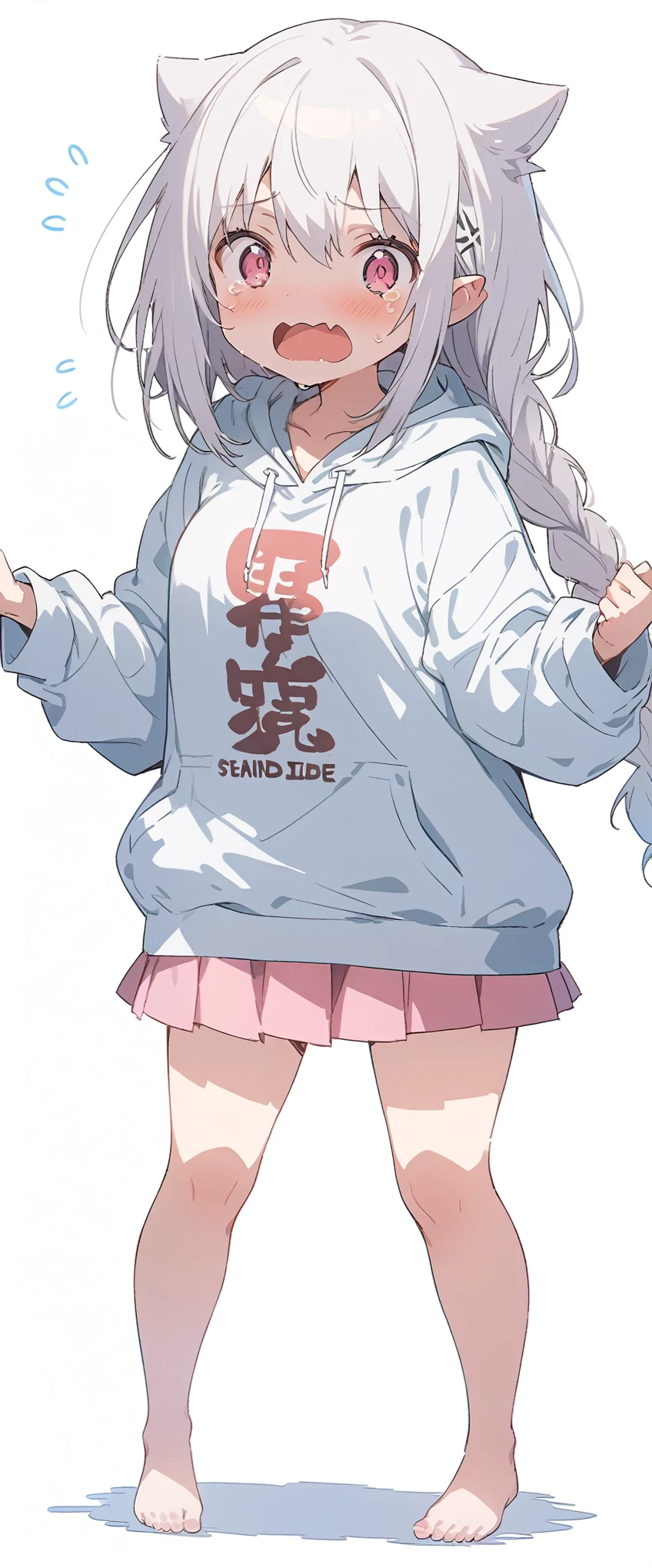 White background、white background、Blank background、Ultra-high resolution, highest quality,Solo,just standing girl, One Girl、Full body view from the front、fish-bone braid hair、Fishbone Hair、grayish white hair、beautiful detailed eyes、Grey hair x pink eyes、pink eyes、shedding large tears、Troubled expression、Open your mouth wide、Ample breasts、Plain white hoodie、Pink pleated skirt、barefoot