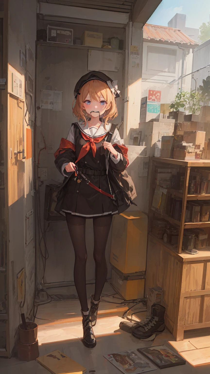 ((((Super Illustration Style:1.0)))),highest quality,Best Anime,masterpiece,Ray Tracing, Global Illumination,Hair tie on mouth,One Girl, alone, Show full body viewer, Outdoor