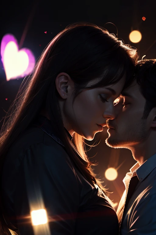 1111 twin-soul lovers, soul mates, (((man and woman))), best quality, 32k, high resolution, hyper realistic, sharp focus, breathtaking, background hearts, background stars, spotlight on couple, 