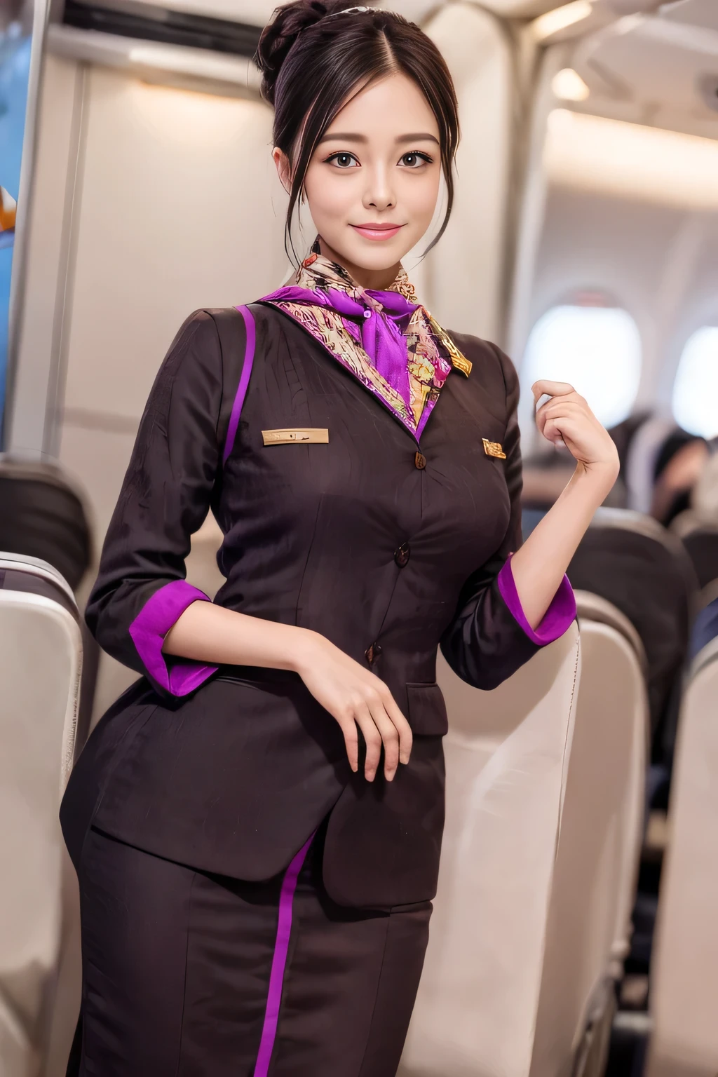 (masterpiece:1.2、highest quality:1.2)、32K HDR、High resolution、(alone、1 girl、Slim figure)、(A realistic reproduction of the ETIHAD Airways Cabincrew Uniform)、 (On board, Professional Lighting)、A proper woman, Beautiful Face,、(Long sleeve ETIHAD Airways Cabincrew Uniform)、(ETIHAD Airways Cabincrew Uniform skirt with purple stripe on the front)、(scarf on chest)、Big Breasts、(Long Hair Up、Hair Bun)、Dark brown hair、Long Shot、((Great hands:2.0))、((Harmonious body proportions:1.5))、((Normal limbs:2.0))、((Normal finger:2.0))、((Delicate eyes:2.0))、((Normal eyes:2.0)))、Beautiful standing posture、smile