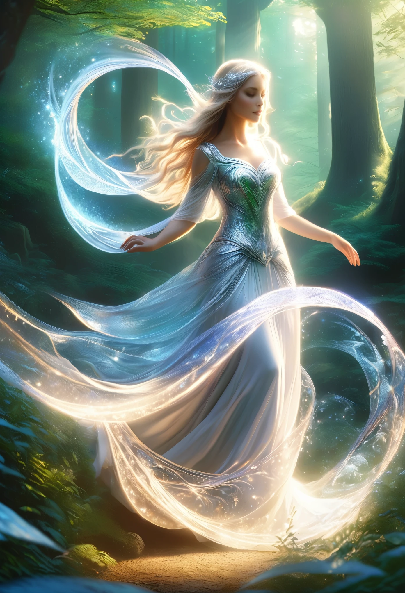 (best quality,4k,8k,highres,masterpiece:1.2), ultra-detailed, (realistic,photorealistic,photo-realistic:1.37), In the heart of an enchanted forest, bathed in the soft glow of moonlight filtering through the canopy above, stands a figure of ethereal beauty. She is an elven enchantress, her long silver hair cascading in shimmering waves around her slender form like strands of moonlight woven into silk. Her eyes, a mesmerizing blend of iridescent hues, shimmer with an otherworldly light, reflecting the myriad colors of the forest around her. They are windows to a soul as ancient as the trees themselves, filled with wisdom and mystery far beyond her tender years. Clad in robes of flowing white adorned with intricate patterns of silver thread, she moves with a grace that is both elegant and effortless. Each movement is a dance, a fluid motion that seems to ripple through the air like water flowing over smooth stones. As she raises her delicate hands to the sky, the air around her crackles with magical energy, the very essence of the forest responding to her call. Words of power spill from her lips like liquid silver, ancient incantations that echo through the stillness of the night with a haunting melody. With each word, tendrils of magical energy begin to swirl around her, weaving together in a shimmering vortex of light and shadow. Shapes begin to form within the swirling maelstrom, phantom creatures born of pure magic dancing to the rhythm of her voice. And as she reaches the climax of her incantation, her voice rises to a crescendo, filling the forest with a symphony of power and wonder. With a final flourish of her hands, she releases the spell, the magical energies coalescing into a radiant burst of light that illuminates the darkness like a thousand stars.(art by Amano Yoshitaka:1.3)