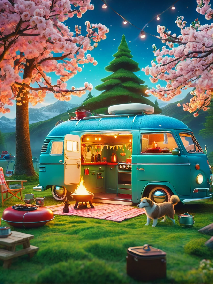 Create miniature images in a lovely wool felt world，(Spring camping site:1.3)，Have family，dog，Cherry blossoms，car，BBQ grill and spring landscape，The scene is rendered with lights，Using technology and style reminiscent of Pixar animations，Using Octane Render and Maxon Cinema 4D to generate highly detailed 3D，4K resolution images，Use warm light to emphasize mood lighting，And freeze the shot as a long shot or super long shot，To capture a wide range of details and atmosphere