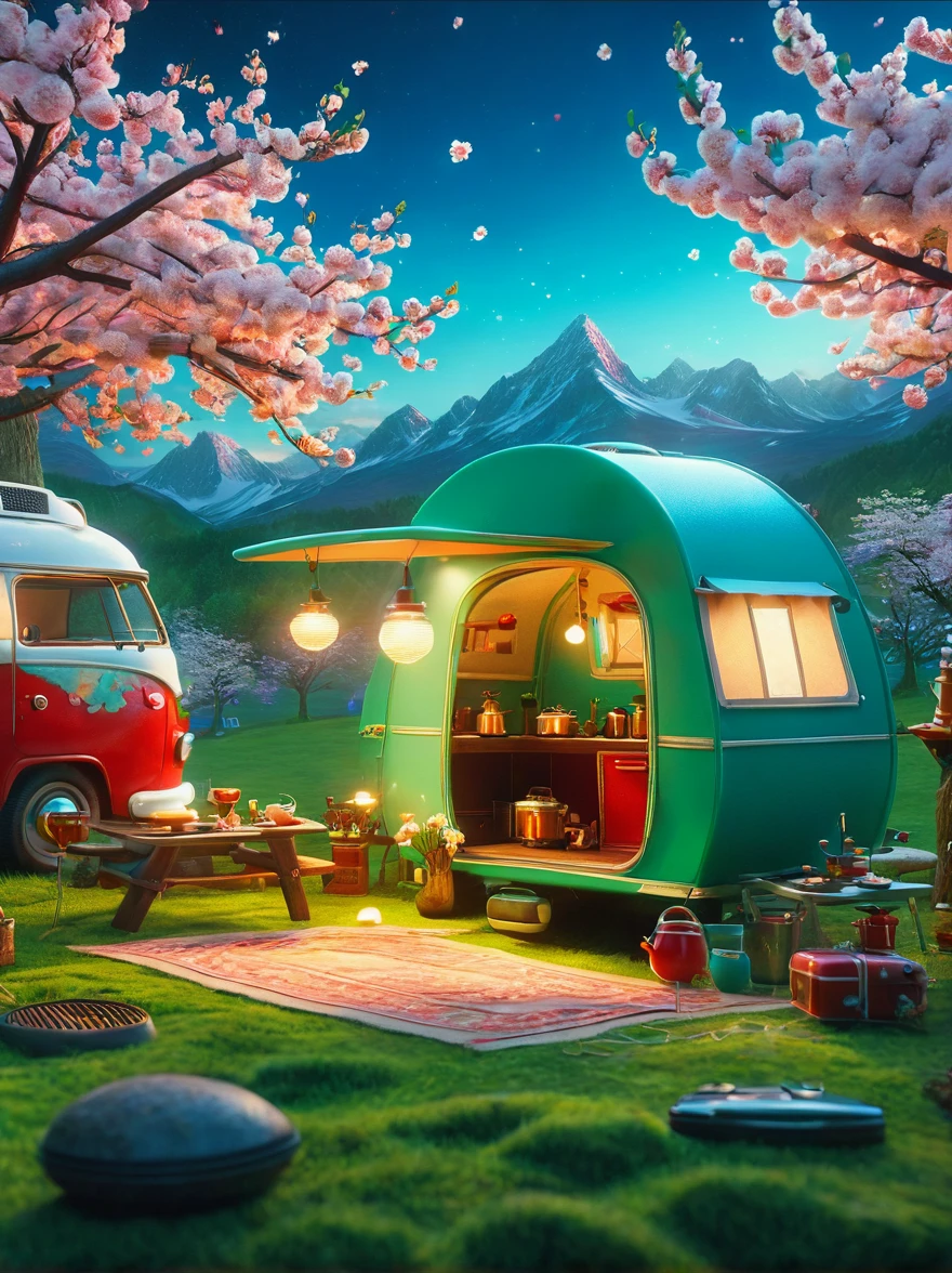 Create miniature images in a lovely wool felt world，(Spring camping site:1.3)，Have family，dog，Cherry blossoms，car，BBQ grill and spring landscape，The scene is rendered with lights，Using technology and style reminiscent of Pixar animations，Using Octane Render and Maxon Cinema 4D to generate highly detailed 3D，4K resolution images，Use warm light to emphasize mood lighting，And freeze the shot as a long shot or super long shot，To capture a wide range of details and atmosphere