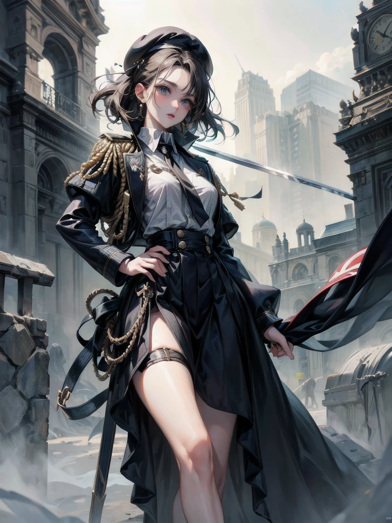 whole body, beret, skirt, military uniform, equip a lot of swords, absurdres, RAW photo, extremely delicate and beautiful, masterpiece, Best Quality, ultra high resolution, 32k, hyperrealistic, ultra-detailed, perfect figure, perfect shape, detailed description, pale skin, 20 years old, detailed beautiful face and eyes, tearful mole, earring, short medium hair, wavy hair,