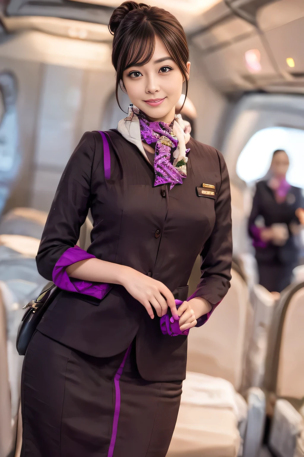 (masterpiece:1.2、highest quality:1.2)、32K HDR、High resolution、(alone、1 girl、Slim figure)、(A realistic reproduction of the ETIHAD Airways Cabincrew Uniform)、 (On board, Professional Lighting)、A proper woman, Beautiful Face,、(Long sleeve ETIHAD Airways Cabincrew Uniform)、(ETIHAD Airways Cabincrew Uniform skirt with purple stripe on the front)、(scarf on chest)、Big Breasts、(Long Hair Up、Hair Bun)、Dark brown hair、Long Shot、((Great hands:2.0))、((Harmonious body proportions:1.5))、((Normal limbs:2.0))、((Normal finger:2.0))、((Delicate eyes:2.0))、((Normal eyes:2.0)))、Beautiful standing posture、smile