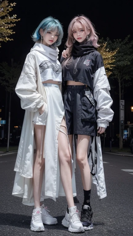 highest quality, Very detailed, masterpiece,hug,Two women hugging each other,(((Perfect female body))),Very beautiful face, Very beautiful body,Gentle expression, Very beautiful eyes,(Perfect Makeup:1.1),Blowing in the wind,Fashion Model,Cyberpunk Fashion,Curly Hair,Shaggy Hair,pink and blue hair:1.3, very thin body,Smart Abs,,(Fractal Gradient:1.3),Tech See-Through Jacket,Monogrammed long skirt,anklet,Two-tone high-top sneakers,A kind smile,Full body portrait,(Night in Cyber City), (Shiny skin),(Earrings),Long scarf with elegant pattern,Neon long shawl,