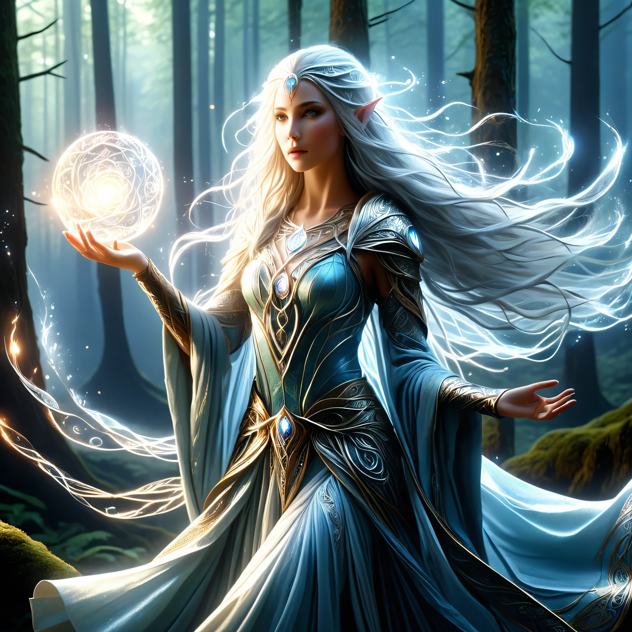 (best quality,4k,8k,highres,masterpiece:1.2), ultra-detailed, (realistic,photorealistic,photo-realistic:1.37), In the heart of an enchanted forest, bathed in the soft glow of moonlight filtering through the canopy above, stands a figure of ethereal beauty. She is an elven enchantress, her long silver hair cascading in shimmering waves around her slender form like strands of moonlight woven into silk. (Her eyes, a mesmerizing blend of iridescent hues, shimmer with an otherworldly light, reflecting the myriad colors of the forest around her:1.5). They are windows to a soul as ancient as the trees themselves, filled with wisdom and mystery far beyond her tender years. Clad in robes of flowing white adorned with intricate patterns of silver thread, she moves with a grace that is both elegant and effortless. Each movement is a dance, a fluid motion that seems to ripple through the air like water flowing over smooth stones. As she raises her delicate hands to the sky, the air around her crackles with magical energy, the very essence of the forest responding to her call. Words of power spill from her lips like liquid silver, ancient incantations that echo through the stillness of the night with a haunting melody. With each word, tendrils of magical energy begin to swirl around her, weaving together in a shimmering vortex of light and shadow. Shapes begin to form within the swirling maelstrom, phantom creatures born of pure magic dancing to the rhythm of her voice. And as she reaches the climax of her incantation, her voice rises to a crescendo, filling the forest with a symphony of power and wonder. With a final flourish of her hands, she releases the spell, the magical energies coalescing into a radiant burst of light that illuminates the darkness like a thousand stars.(art by Amano Yoshitaka:1.3)