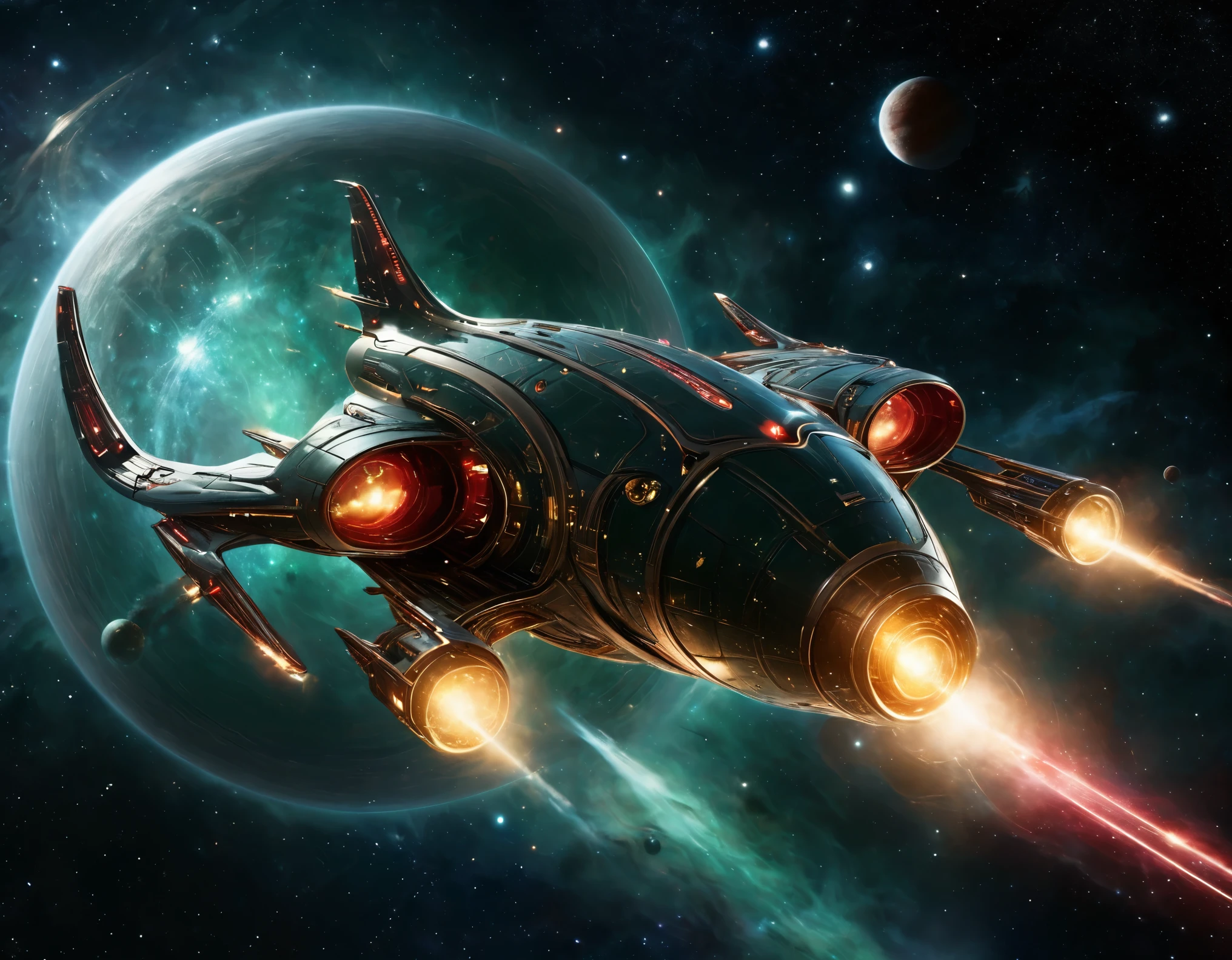 A futuristic starship navigating through a cosmic expanse, set against a background transitioning from dark green to red with tiny stars. The ship’s sleek design includes a large circular front, elongated body, and external nacelles, with intricate metallic textures and vibrant lights.