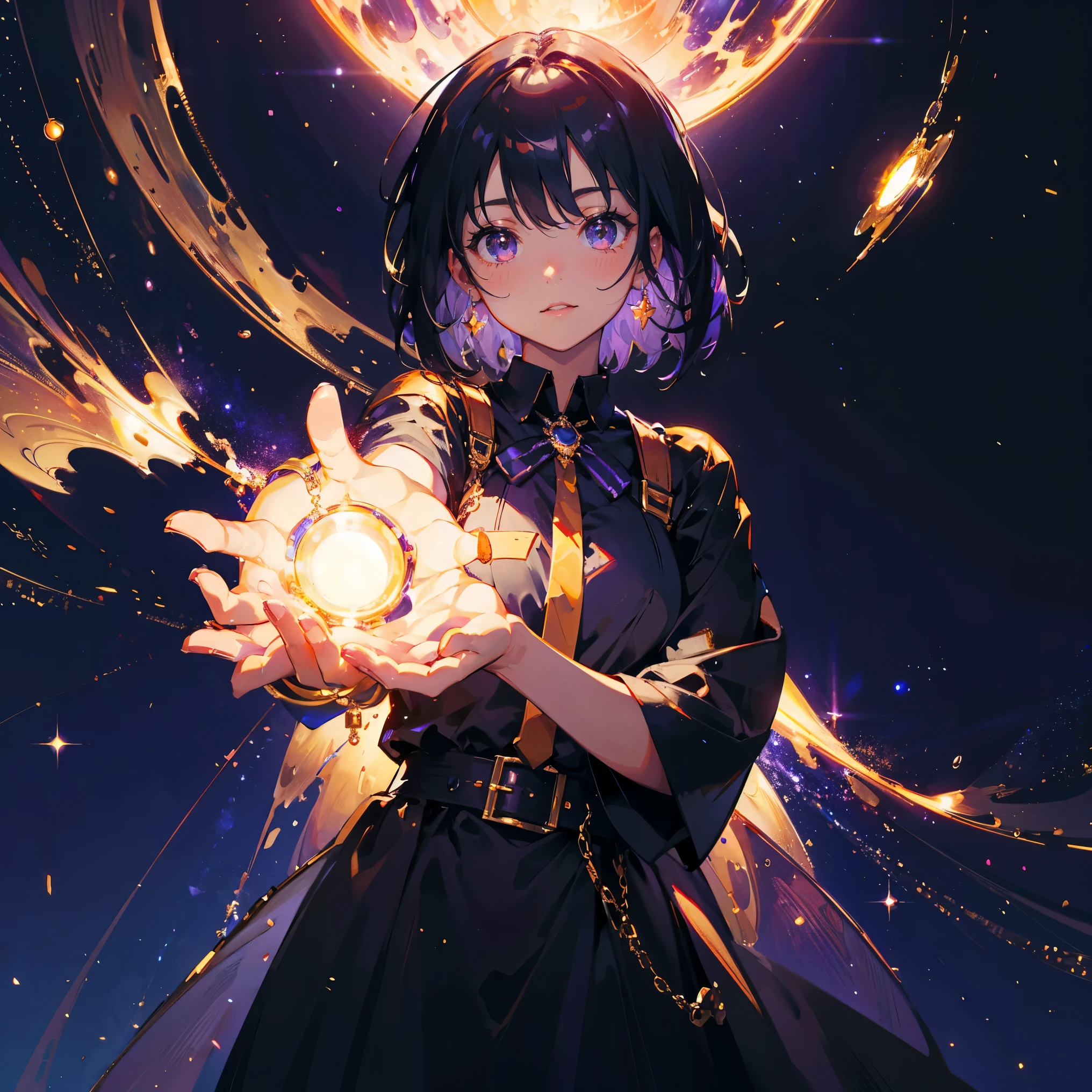 oil,A goddess holding the universe in both hands,Looking into the camera,Shine,more Shine,HD Formal, Fancy, ,Simple Background,Black Delivery,Purple Short Hair 