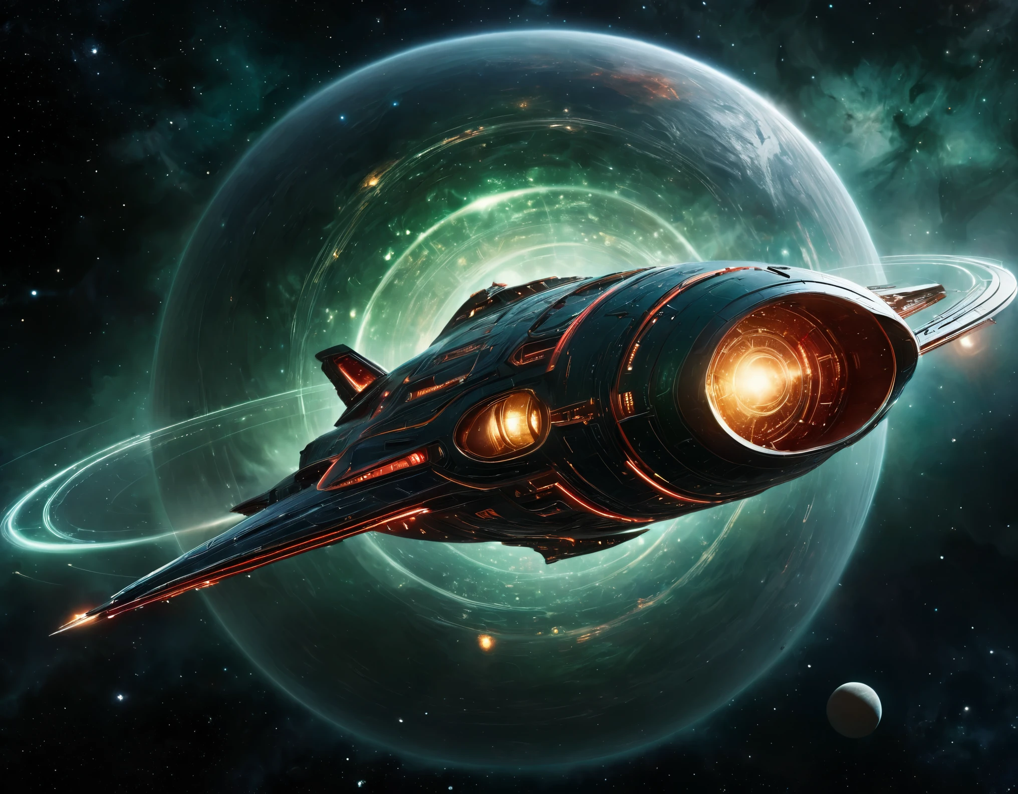 A futuristic starship navigating through a cosmic expanse, set against a background transitioning from dark green to red with tiny stars. The ship’s sleek design includes a large circular front, elongated body, and external nacelles, with intricate metallic textures and vibrant lights.