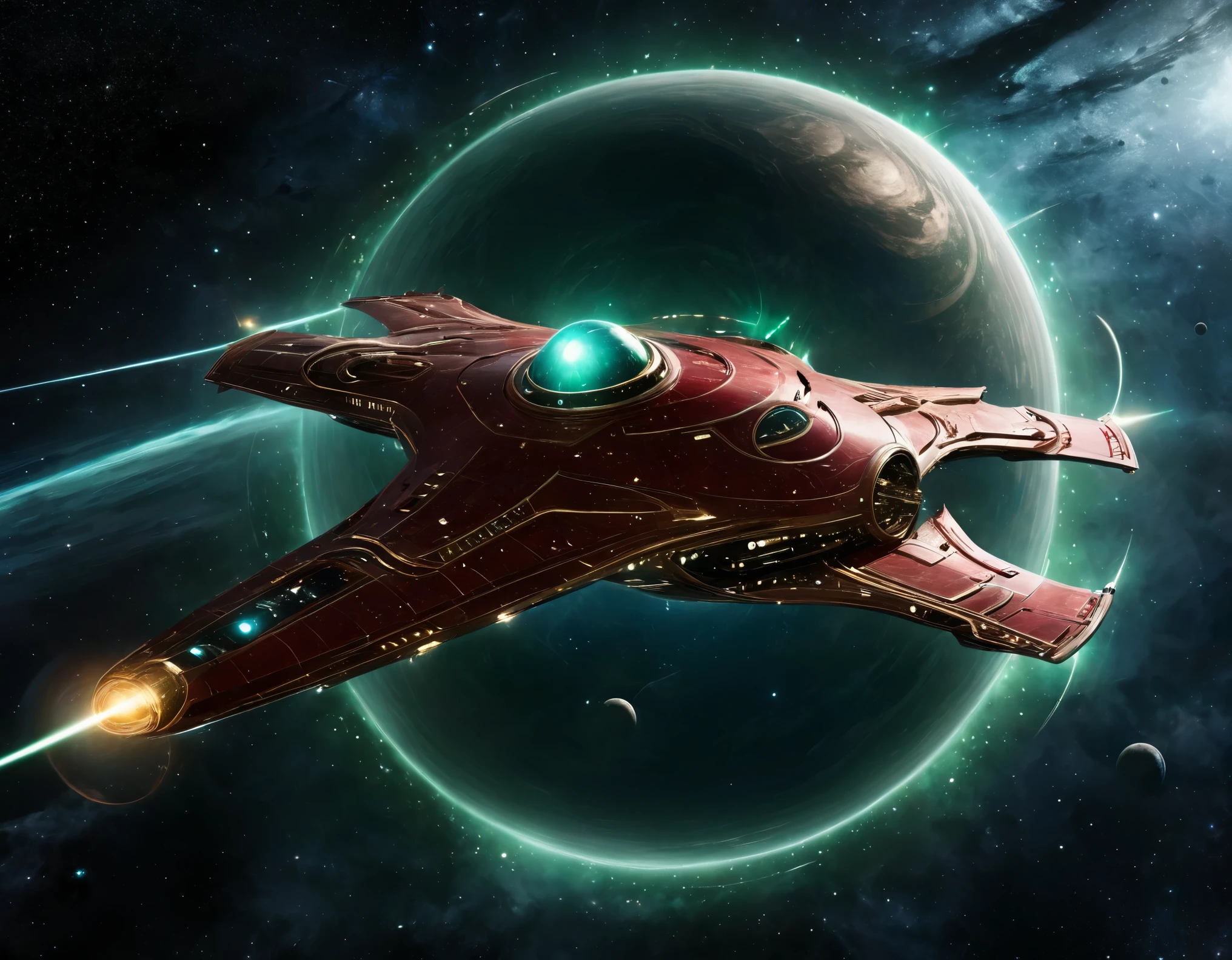 A futuristic starship navigating through a cosmic expanse, set against a background transitioning from dark green to red with tiny stars. The ship’s sleek design includes a large circular front, elongated body, and external nacelles, with intricate metallic textures and vibrant lights.