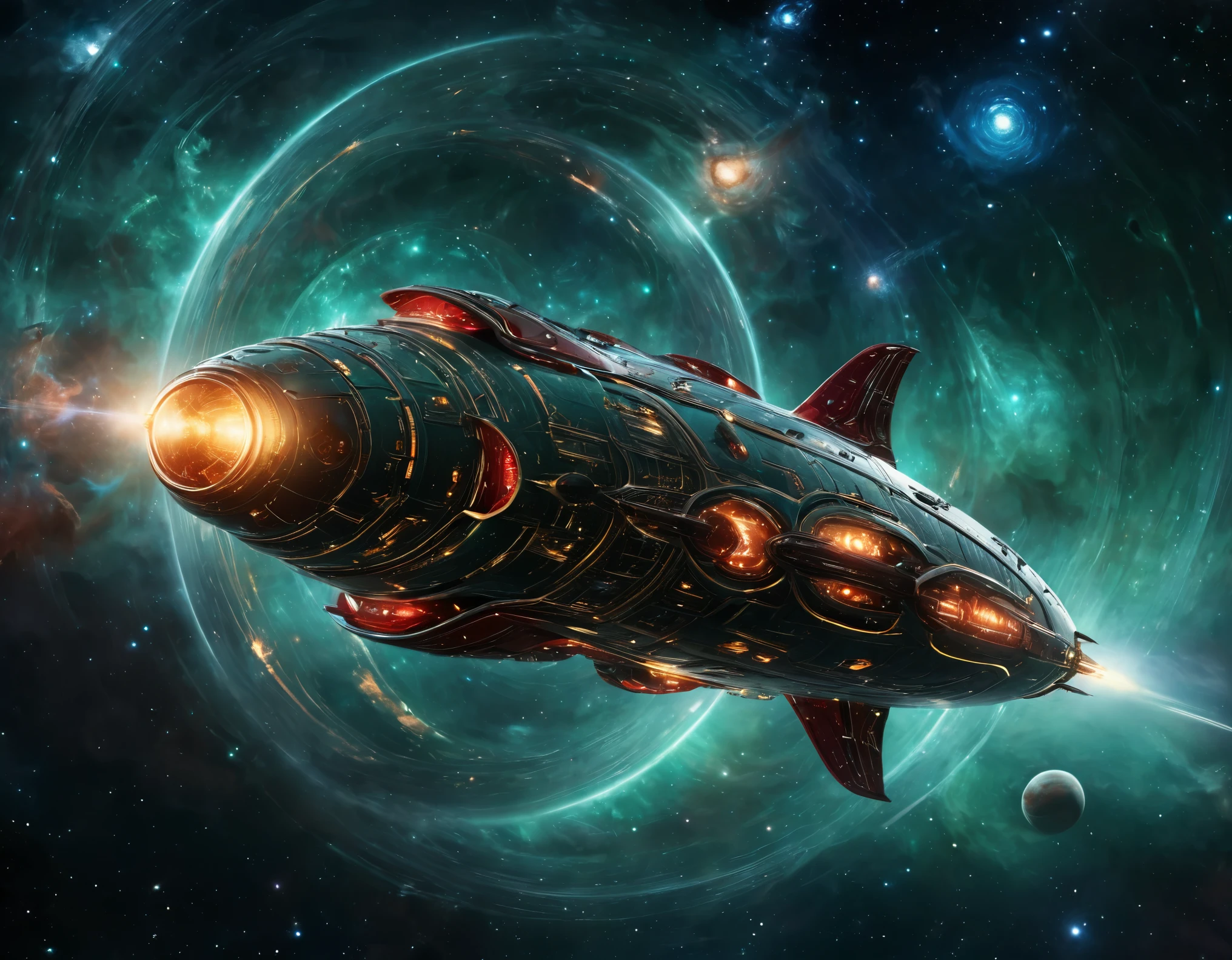 A futuristic starship navigating through a cosmic expanse, set against a background transitioning from dark green to red with tiny stars. The ship’s sleek design includes a large circular front, elongated body, and external nacelles, with intricate metallic textures and vibrant lights.