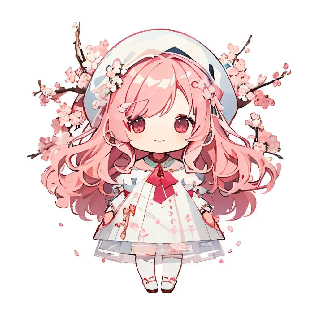 transparent watercolor、girl、Jewel Eyes、Beautiful arrangements and motifs、Depth of bounds written、flat avatar, 1girl, Smile, light pink hair((medium hair、wavy hair)), hair with white tips, pink mesh hair、Fashionable Design Clothing((pink and white)),background white、cherry blossom petals, Cute Girl, modest dress clothing, cherry blossom tights