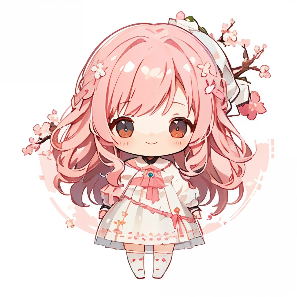 transparent watercolor、girl、Jewel Eyes、Beautiful arrangements and motifs、Depth of bounds written、flat avatar, 1girl, Smile, light pink hair((medium hair、wavy hair)), hair with white tips, pink mesh hair、Fashionable Design Clothing((pink and white)),background white、cherry blossom petals, Cute Girl, modest dress clothing, cherry blossom tights