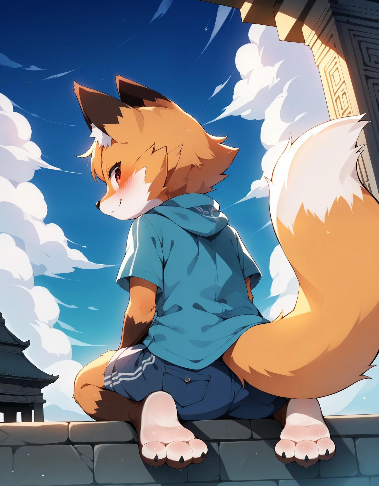 score_9, score_8_up, score_7_up, score_6_up, source_anime, rating_safe, furry female, solo, dagasi_style,, furry, temple, fox girl, sitting, low view, from behind, soles at spectator, showing soles, grinning, paws, 3 toes, barefoot, paws