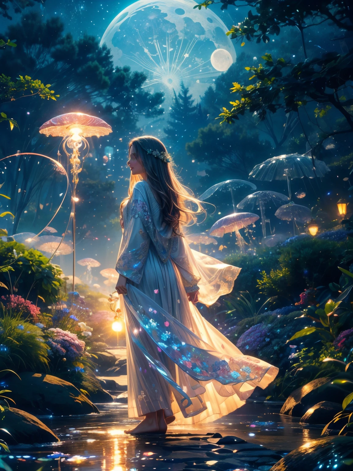 (best quality,4k,8k,highres,masterpiece:1.2),ultra-detailed,(realistic,photorealistic,photo-realistic:1.37),colorful, vibrant, illuminated scene, moonlit garden, A girl surrounded by ethereal light, long flowing hair, delicately painted face, beautiful detailed eyes, soft glowing lips, joyful expression, mesmerizing eyes, enchanting smile, playful interaction between the girl and the jellyfishes, translucent jellyfishes floating gracefully, rainbow-colored tentacles, iridescent glow, peaceful atmosphere, lush green foliage, blooming flowers, twinkling stars, gentle breeze, inviting sky, captivating moon, dreamlike setting, whimsical elements, magical ambiance, otherworldly feel, delightful energy, enchanting colors, surreal scenery.