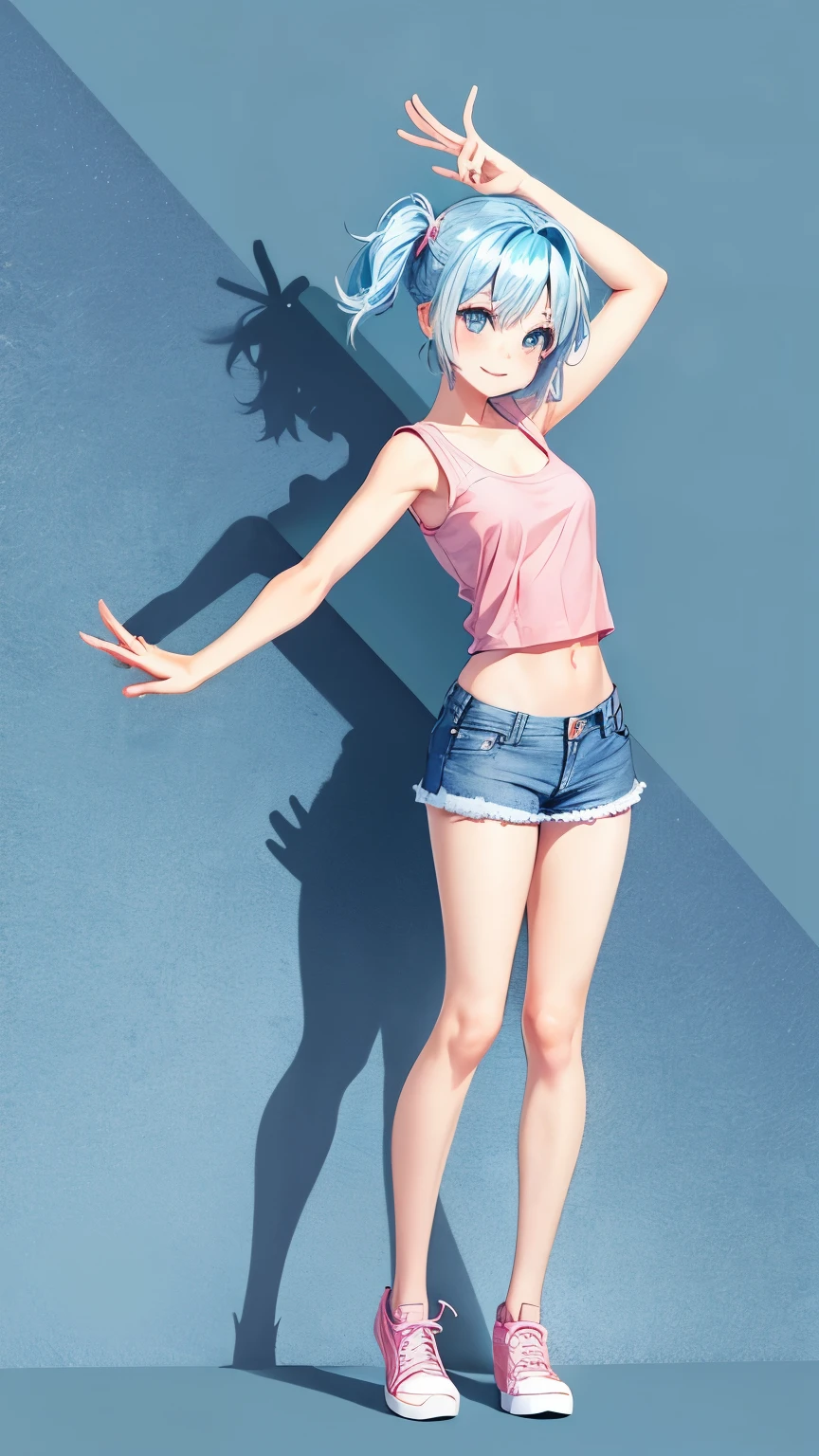 Full body, anime girl, standing, smile, looking at viewer, short light blue hair, Active and cheerful personality, blank background, blue short jeans and pink tank top, T pose