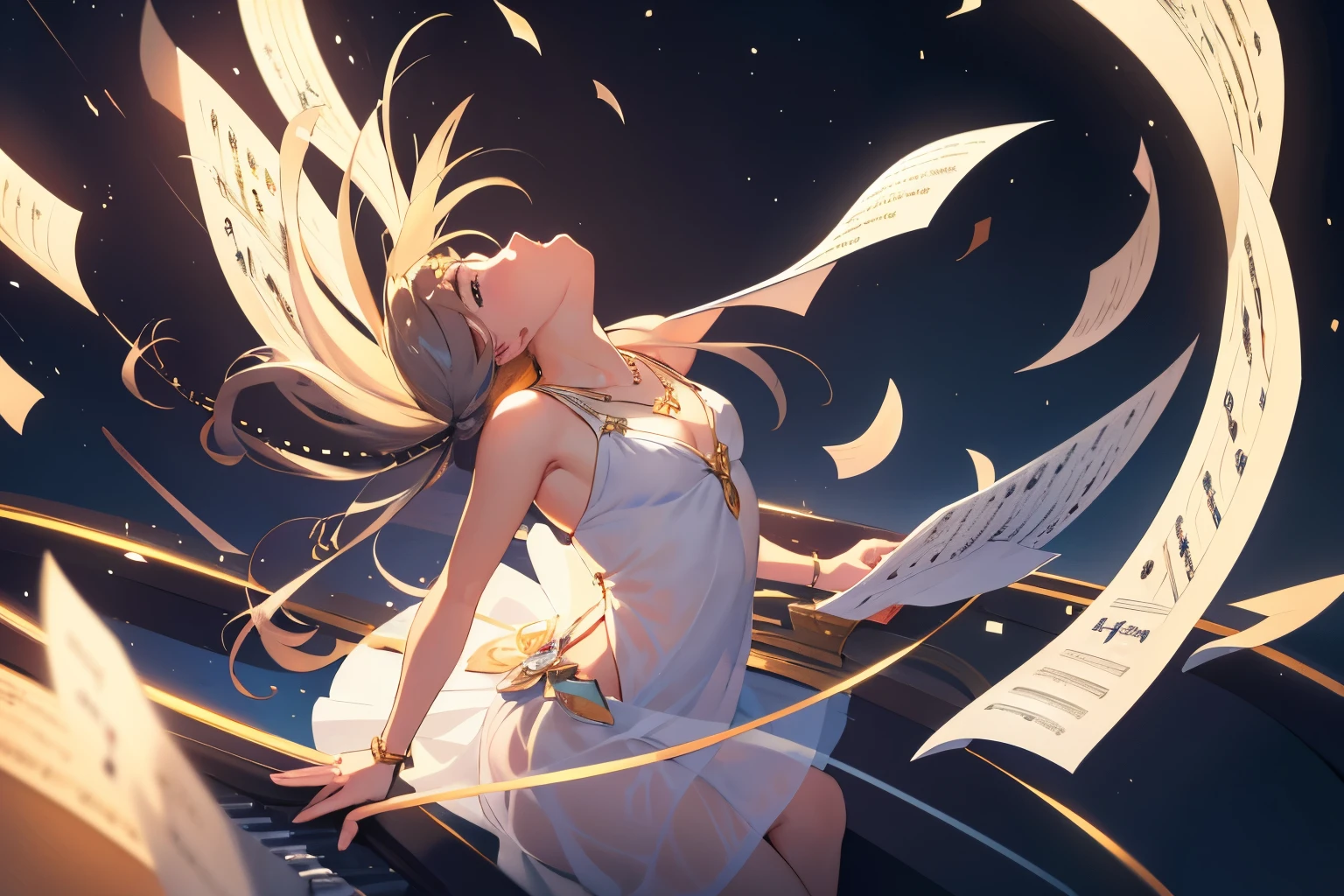 1 girl, (alone), Turn back, From the side, Side view,piano, (Musical score, playing piano:1.2), Sitting, Chair, (Charmed:1.3),See-through halter dress, Transparent dress, High resolution,Bracelet, necklace, bracelet, jewelry, Laurel wreath,One girl, (young), Pretty face, Shiny skin, Shiny Hair, Floating Hair, slim, thin, Browsing Caution, (masterpiece), highest quality, Very detailed, Super detailed, Very detailedな背景, Official Art, Very detailed CG unity 8k wallpaper, Perfect lighting, Bright colors, Best lighting,concert, stage, light, light, The light shines, growth particles, (神のlight:1.2), (Floating Paper:1.3),