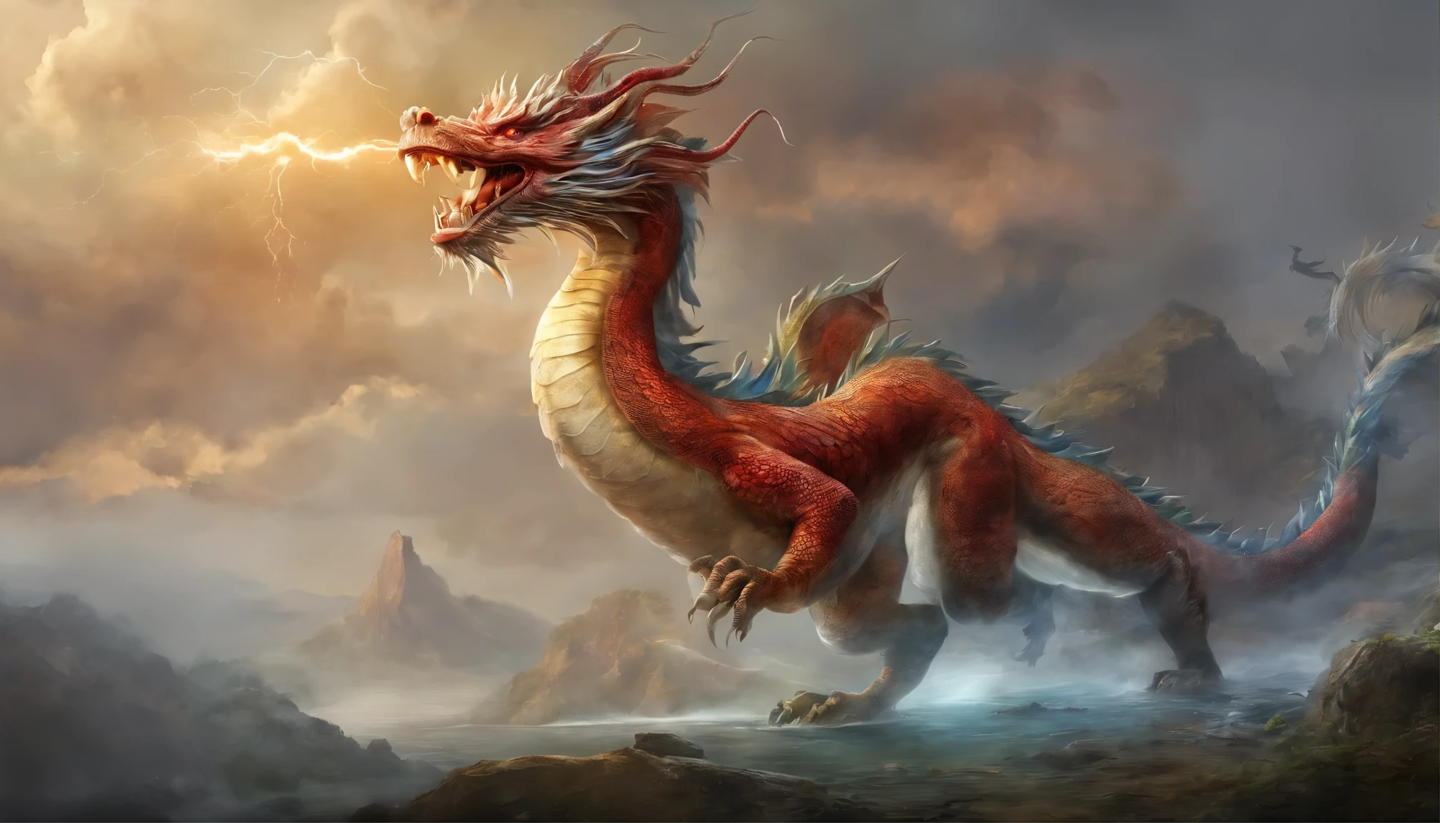 Full body like, Chinese dragon, Loong, extremely detailed CG unity 8k wallpaper, (colorful:1.2), sharp teeth, red eyes, teeth, Hires upscale: 1.7, Hires upscaler: 4x_NMKD-Siax_200k, Denoising strength: 0.45, lifelike texture, Dynamic angle, (((+++Lightning and bodyInterweave///))), Colorful auspicious clouds, drop shadow, atmospheric perspective, panorama, wide shot, 16k, anatomically correct, super detail