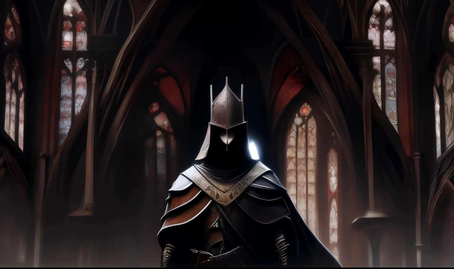 knight standing inside a gothic church, bloodborne