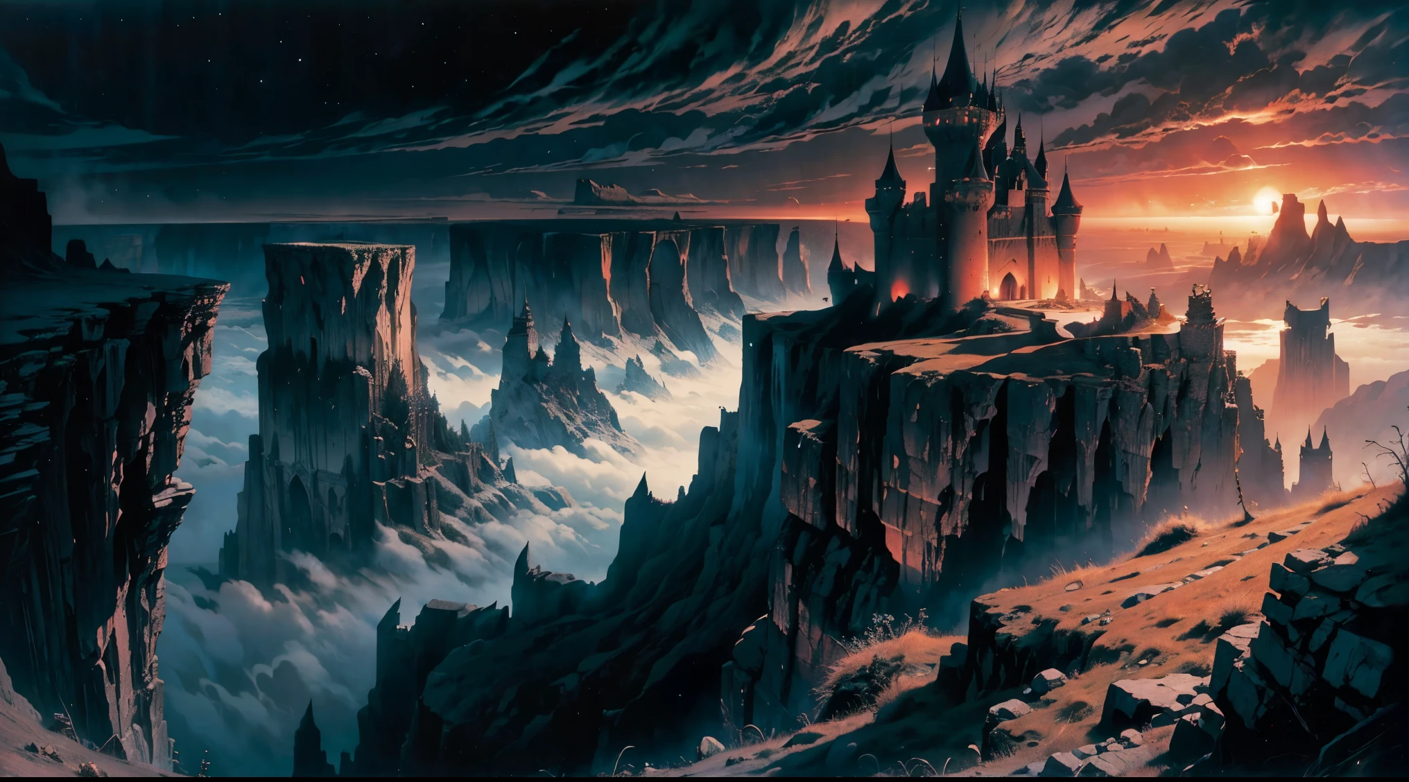 cliffs and canyons made of black castles, intricate, dark sky, red clouds blocked by tall castles, surreal, cinematic, eerie, fantasy, medieval, highly detailed. Castles on the horizon. a thousand castles. In the style of Zdzisław Beksiński