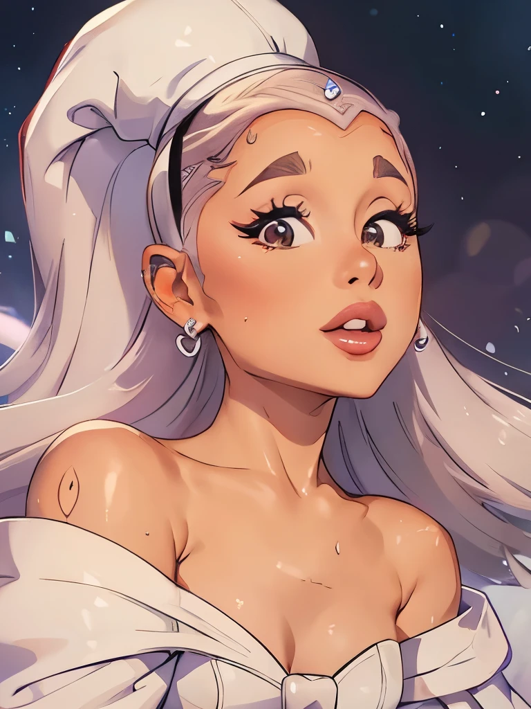 A closeup of a woman wearing a white hat and a white dress, ariana grande, retrato de ariana grande, fotografia de ariana grande, ariana grande como uma sereia, pintura de ariana grande, ariana grande in gta v, ariana grande em guerra nas estrelas, pintura de retrato de ariana grande, ariana grande como sith, ariana grande em um triciclo, mulher mais linda do mundo