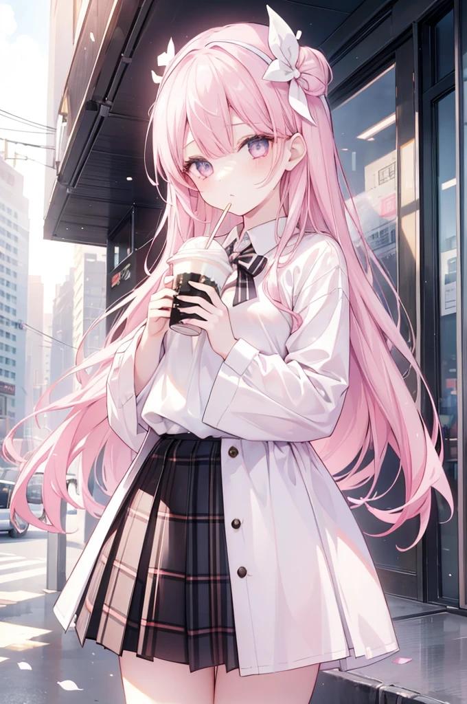 1girl,Colorful eyes, long light pink hair, wearing a headband, wearing white clothes, a black and white plaid pleated skirt, holding a cup of pearl milk tea in her right hand, surrounded by tall buildings,bright golden sunlight, 8k, looking at viewer