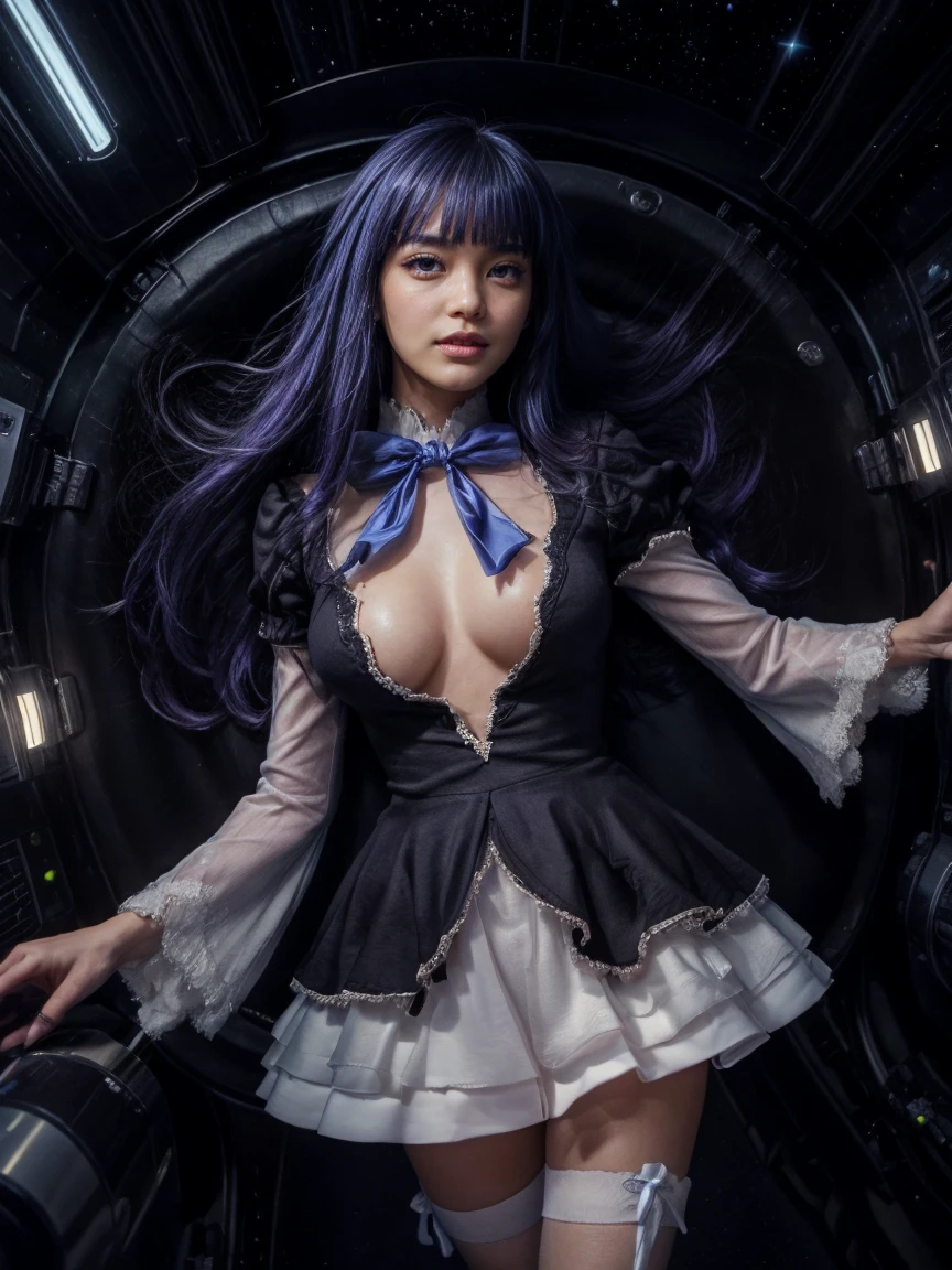 (1 lady), (Best quality at best:1.4), (ultra - detailed), (extremely detailed CG unified 16k), A Beautiful Woman with Perfect Figure: 1.4, Sharp Focus: 1.2, purple hair, very detailed, High-definition RAW color photo, professional photoshooting, amazing face and eyes, cosmetics, (amazingly beautiful girl), ((frederica bernkastel)), ((dress, bowtie, mary janes, socks, cat tail, tail bow, tail ornament)), levitating in a cute posture, (floating in space), (She's levitating in a cosmic sea, outer space:1.3, quantum hyperspace room lacking walls, hyperspace chamber, extremely detailed background, a lot of details background, realistic background), (look from above), realistic cinematic face, head to feet long wide zoomed out view, full body long view, photorealistic, ((realistic natural purple hair style, purple eyes)), gorgeous, extremely beautiful face, perfect model beauty, pout mouth, Highly Detailed Face and Skin Texture, Detailed Eyes, Double Eyelids, Big Breasts, Expressionless, (masterpiece), best quality, high resolution, extremely detailed, cinematic lighting, amazing legs, high heels, clear and well-cared skin, pale skin
