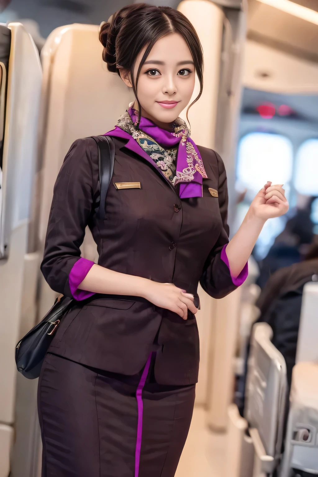 (masterpiece:1.2、highest quality:1.2)、32K HDR、High resolution、(alone、1 girl、Slim figure)、(A realistic reproduction of the ETIHAD Airways Cabincrew Uniform)、 (On board, Professional Lighting)、A proper woman, Beautiful Face,、(Long sleeve ETIHAD Airways Cabincrew Uniform)、(ETIHAD Airways Cabincrew Uniform skirt with purple stripe on the front)、(scarf on chest)、Big Breasts、(Long Hair Up、Hair Bun)、Dark brown hair、Long Shot、((Great hands:2.0))、((Harmonious body proportions:1.5))、((Normal limbs:2.0))、((Normal finger:2.0))、((Delicate eyes:2.0))、((Normal eyes:2.0)))、Beautiful standing posture、smile